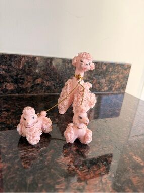 Vintage Pink Ceramic Poodle Trio Decorative Figurine